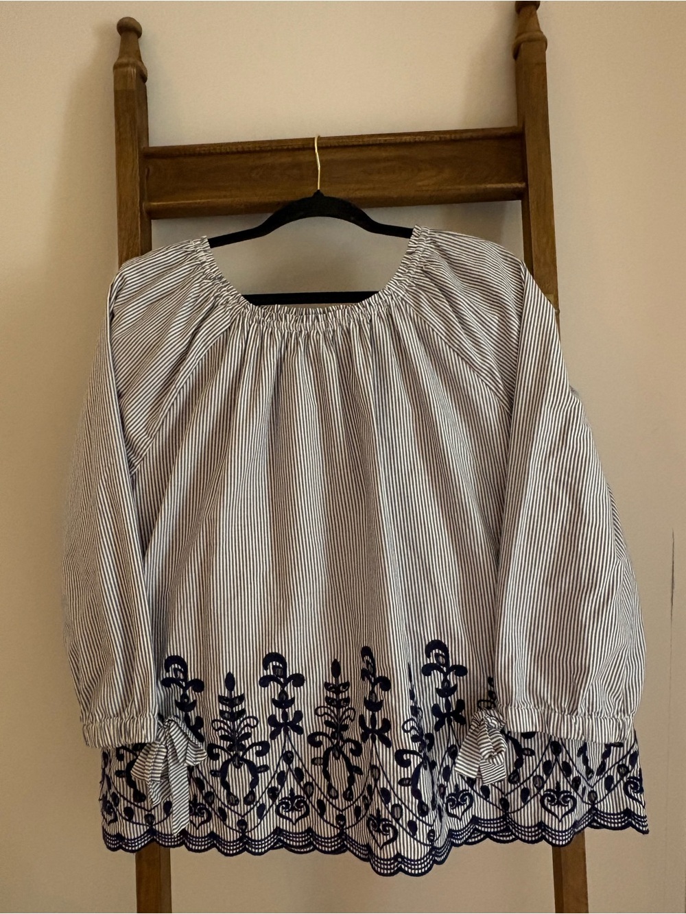 Time and Tru Navy and White Striped Embroidered Peasant Top